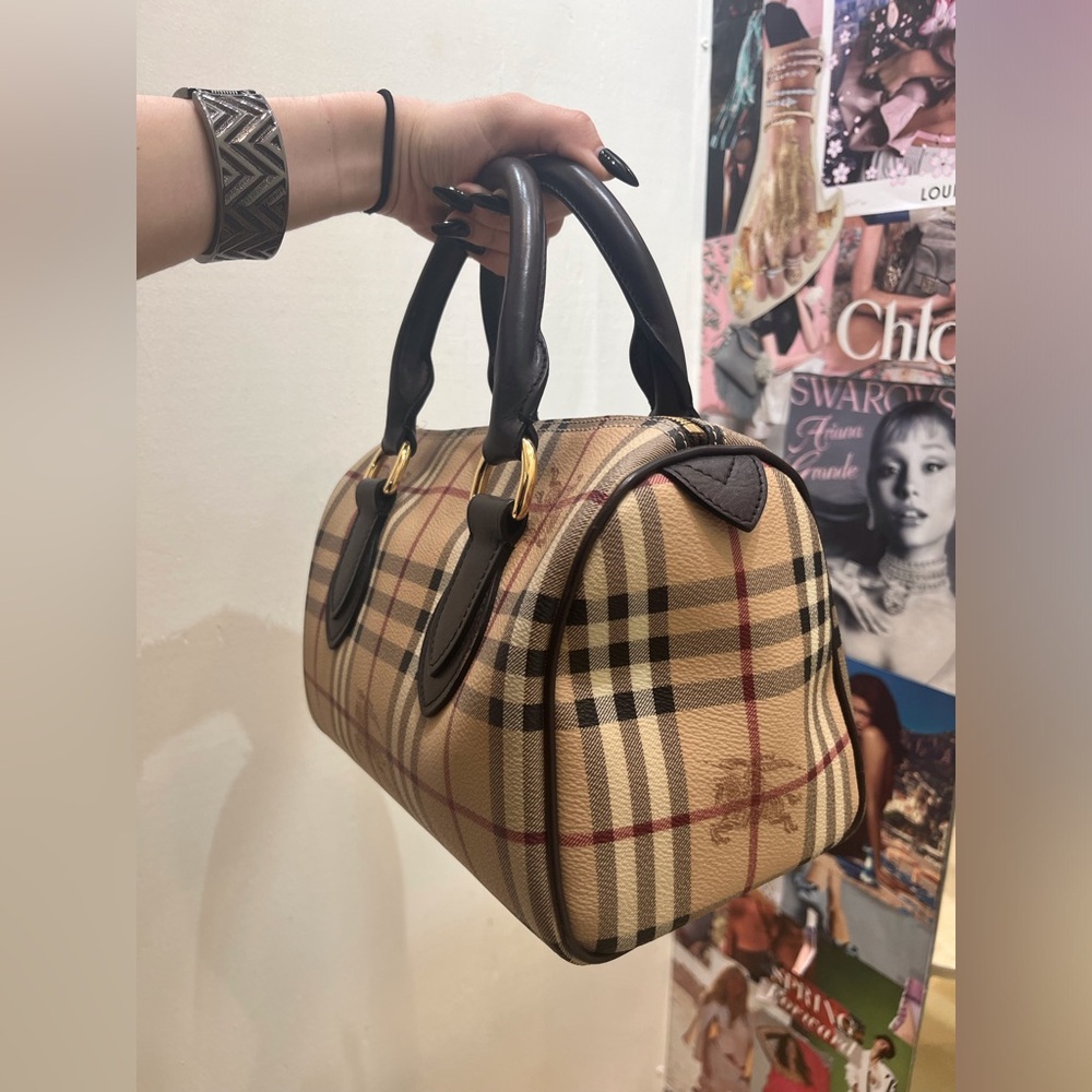 Burberry Beige Plaid Top-Handle Satchel with Dark Brown Trim - Picture 2 of 10